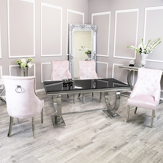 Photo of Alto black glass dining table with 8 dessel pink chairs