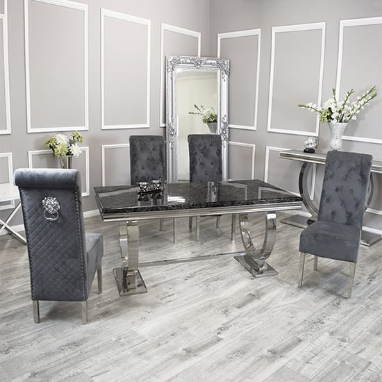 Photo of Alto black marble dining table 8 elmira dark grey chairs