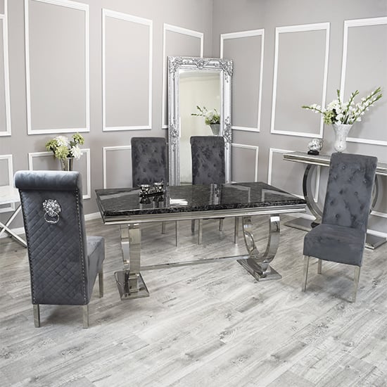 Alto Black Marble Dining Table 8 Elmira Dark Grey Chairs