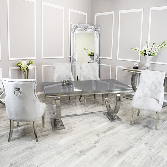 Product photograph of Alto Grey Glass Dining Table With 8 Dessel Light Grey Chairs from Furniture in Fashion