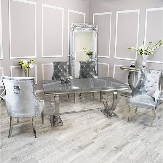 Alto Grey Glass Dining Table With 8 Dessel Pewter Chairs