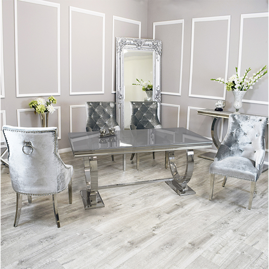 Product photograph of Alto Grey Glass Dining Table With 8 Dessel Pewter Chairs from Furniture in Fashion