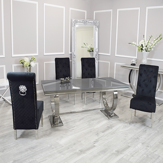 Photo of Alto grey glass dining table with 8 elmira black chairs