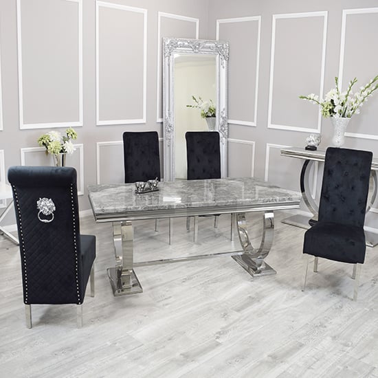 Photo of Alto light grey marble dining table 8 elmira black chairs