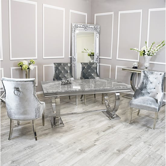 Photo of Alto light grey marble dining table 8 dessel pewter chairs