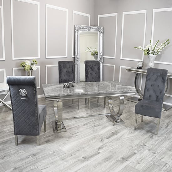 Photo of Alto light grey marble dining table 8 elmira dark grey chairs