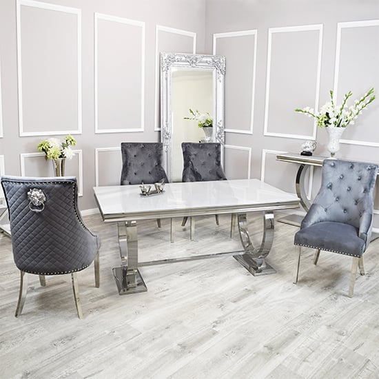 Alto White Glass Dining Table With 8 Benton Dark Grey Chairs_1