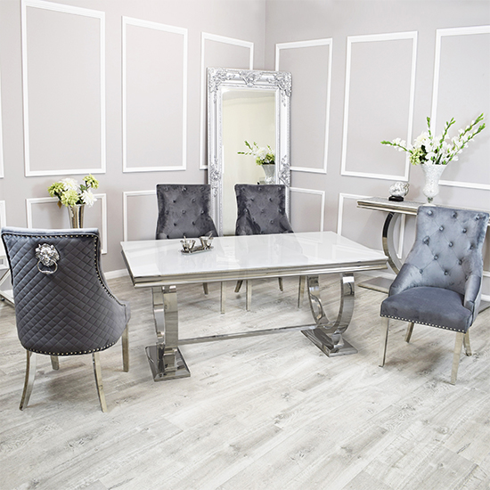 Photo of Alto white glass dining table with 8 benton dark grey chairs