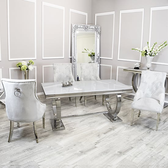 Alto White Glass Dining Table With 8 Dessel Light Grey Chairs_1