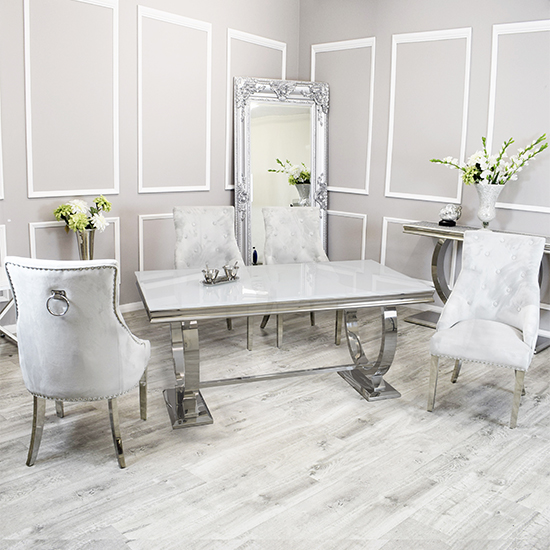 Product photograph of Alto White Glass Dining Table With 8 Dessel Light Grey Chairs from Furniture in Fashion