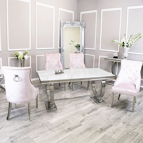 Photo of Alto white glass dining table with 8 dessel pink chairs