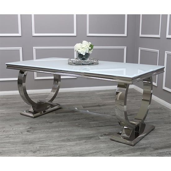 Alto White Glass Dining Table With 8 Dessel Pewter Chairs_2