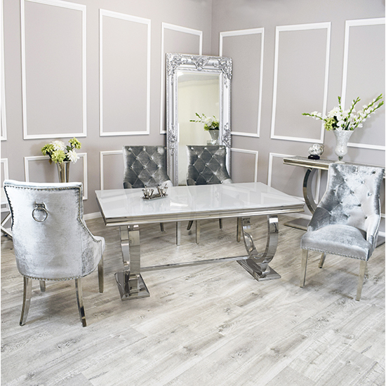 Photo of Alto white glass dining table with 8 dessel pewter chairs