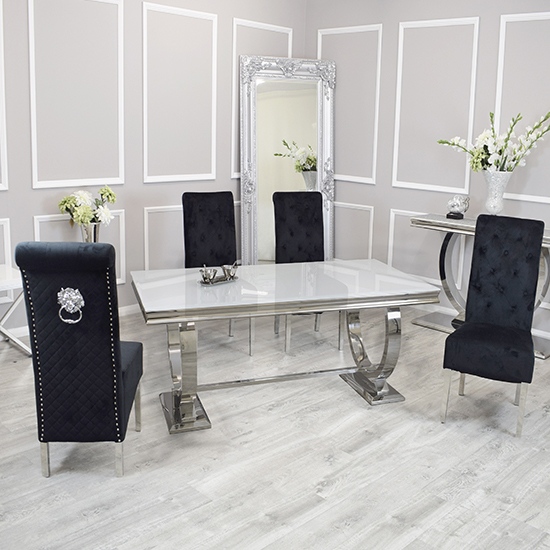 Product photograph of Alto White Glass Dining Table With 8 Elmira Black Chairs from Furniture in Fashion