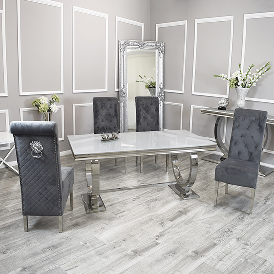 Photo of Alto white glass dining table with 8 elmira dark grey chairs