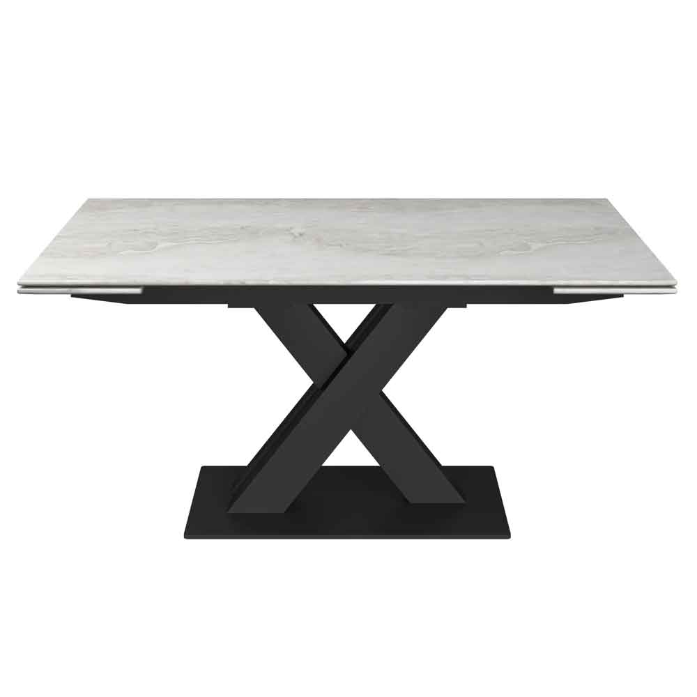 Altois Marble Top Extending Dining Table with Metal X-Shaped Base in Light Grey