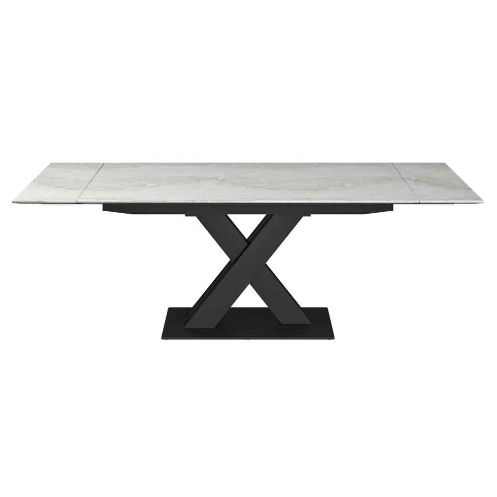Altois Marble Top Extending Dining Table with Metal X-Shaped Base in Light Grey