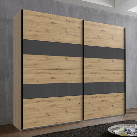 Alton Sliding Door Wooden Tall Wardrobe In Artisan Oak And Grey