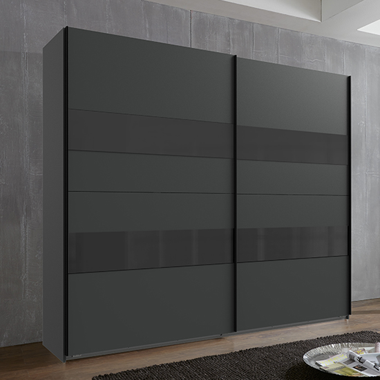 Alton Sliding Door Wooden Wide Wardrobe In Graphite And Grey