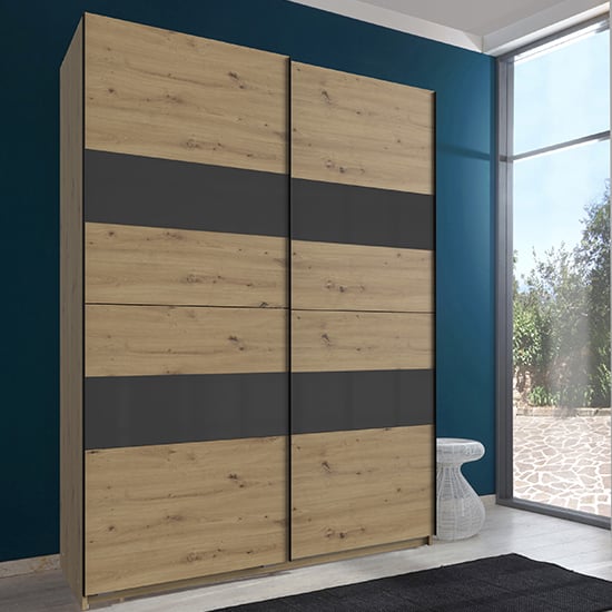 Altona Sliding Door Wooden Wardrobe In Artisan Oak And Grey