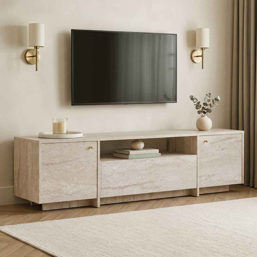 Alvar Wooden TV Stand with 3 Doors in Travertine Marble Effect