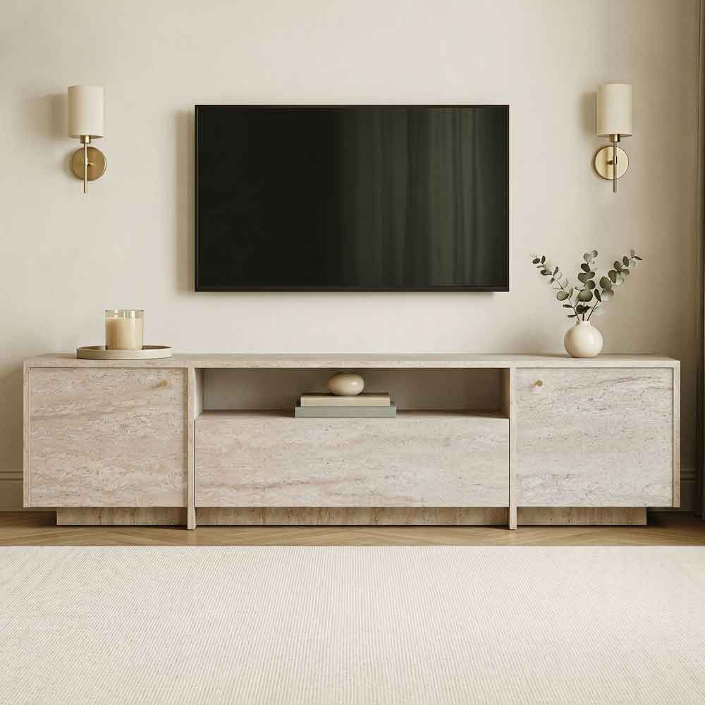 Alvar Wooden TV Stand with 3 Doors in Travertine Marble Effect