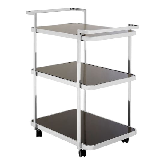 Alvara Black Glass 3 Tier Drinks Trolley With Chrome Frame