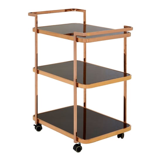 Alvara Black Glass 3 Tier Drinks Trolley With Rose Gold Frame