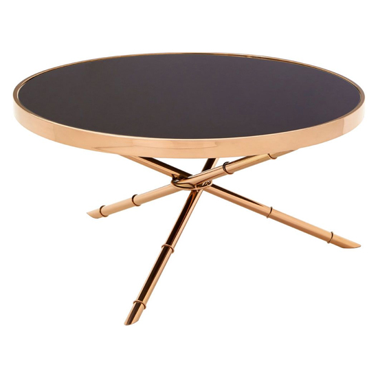 Alvara Black Glass Top Coffee Table With Rose Gold Bamboo Frame