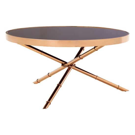 Product photograph of Alvara Black Glass Top Coffee Table With Rose Gold Bamboo Frame from Furniture in Fashion
