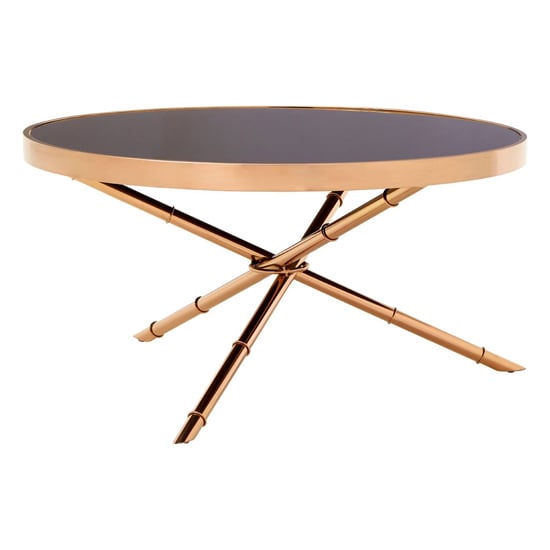 Alvara Black Glass Top Coffee Table With Rose Gold Bamboo Frame