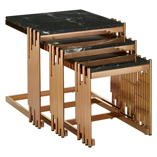 Alvara Black Marble Top Nest Of 3 Tables With Rose Gold Frame