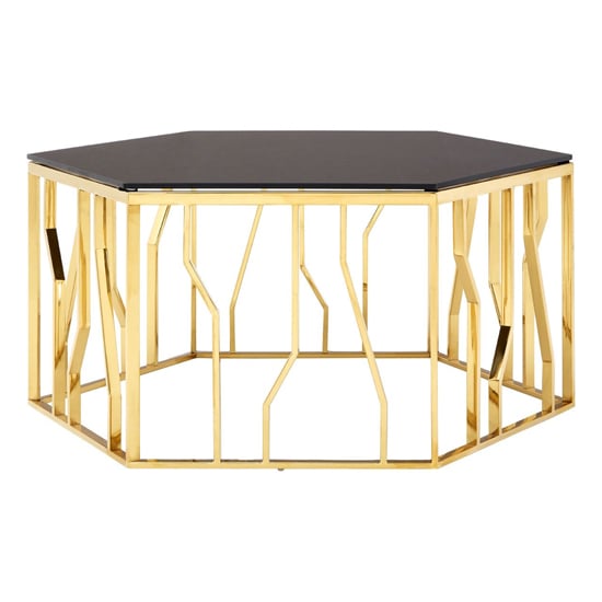 Product photograph of Alvara Hexagonal Black Glass Top Coffee Table With Gold Frame from Furniture in Fashion