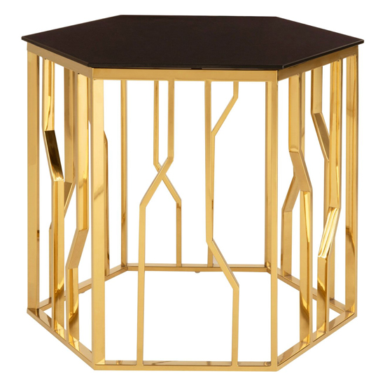 Alvara Hexagonal Black Glass Top Side Table With Gold Frame_2