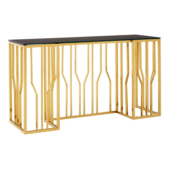 Photo of Alvara rectangular black glass top console table with gold frame