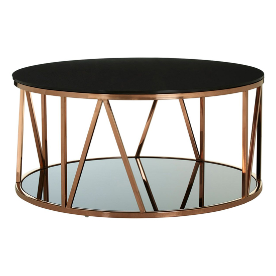 Alvara Round Black Glass Top Coffee Table With Rose Gold Frame