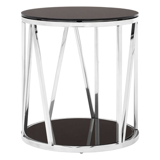 Product photograph of Alvara Round Black Glass Top Side Table With Chrome Frame from Furniture in Fashion