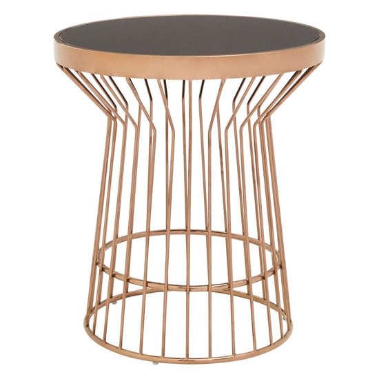 Photo of Alvara round black glass top side table with copper frame