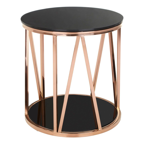 Alvara Round Black Glass Top Side Table With Rose Gold Frame
