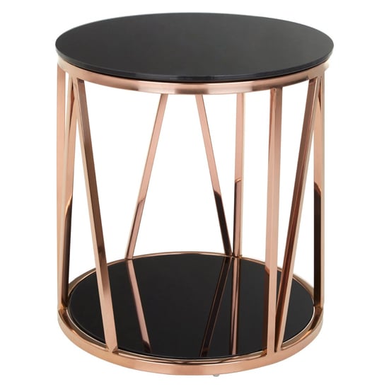 Photo of Alvara round black glass top side table with rose gold frame