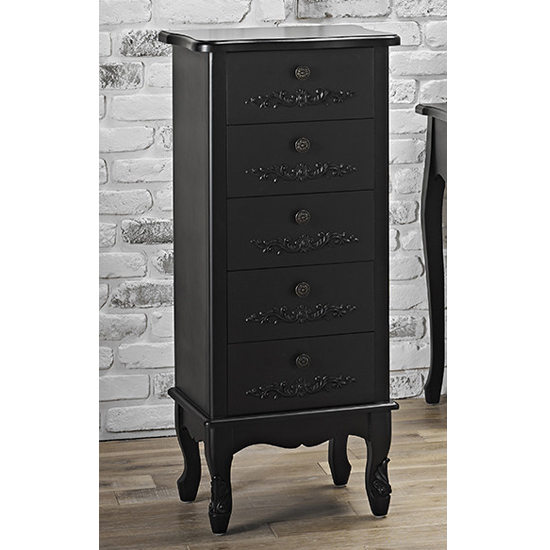 Alveley Narrow Wooden Chest Of 5 Drawers In Black