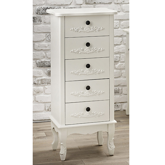 Read more about Antoine tall wooden chest of 5 drawers in white