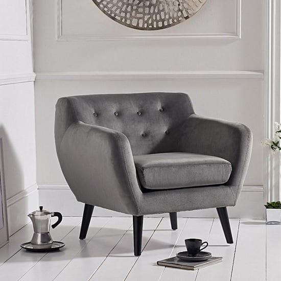 Alvoy Modern Accent Chair In Grey Velvet With Dark Legs Furniture in