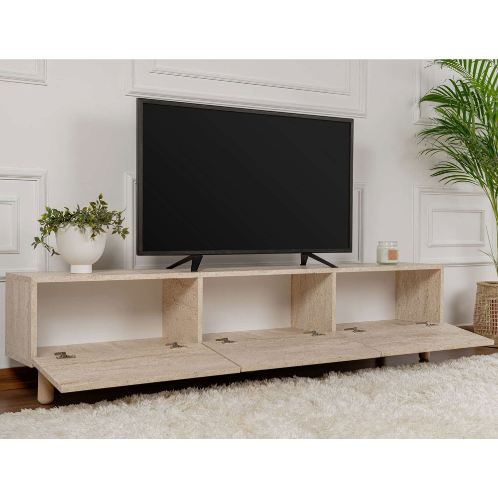 Alvin Wooden TV Stand with 3 Doors in Travertine Marble Effect