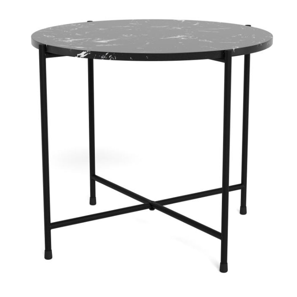 Alvina Round Black Marble Stone Effect Side Table with Steel Frame