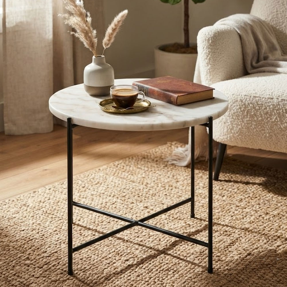 Alvina Round White Marble Stone Effect Side Table with Steel Frame
