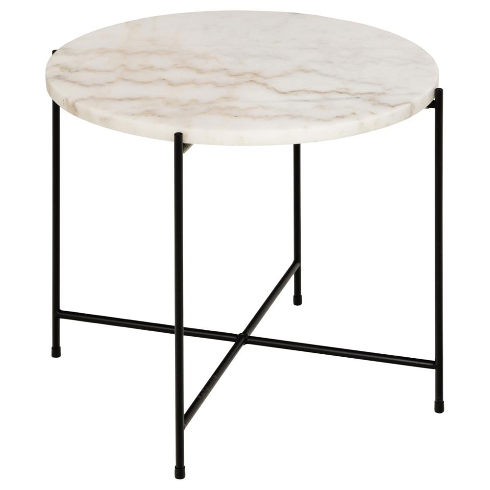 Alvina Round White Marble Stone Effect Side Table with Steel Frame