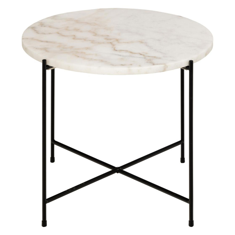 Alvina Round White Marble Stone Effect Side Table with Steel Frame