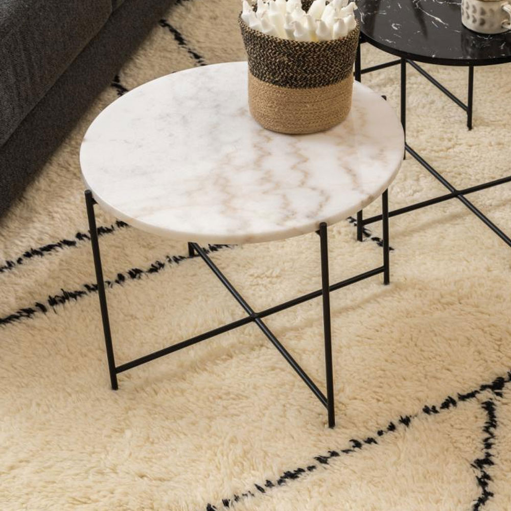Alvina Round White Marble Stone Effect Side Table with Steel Frame