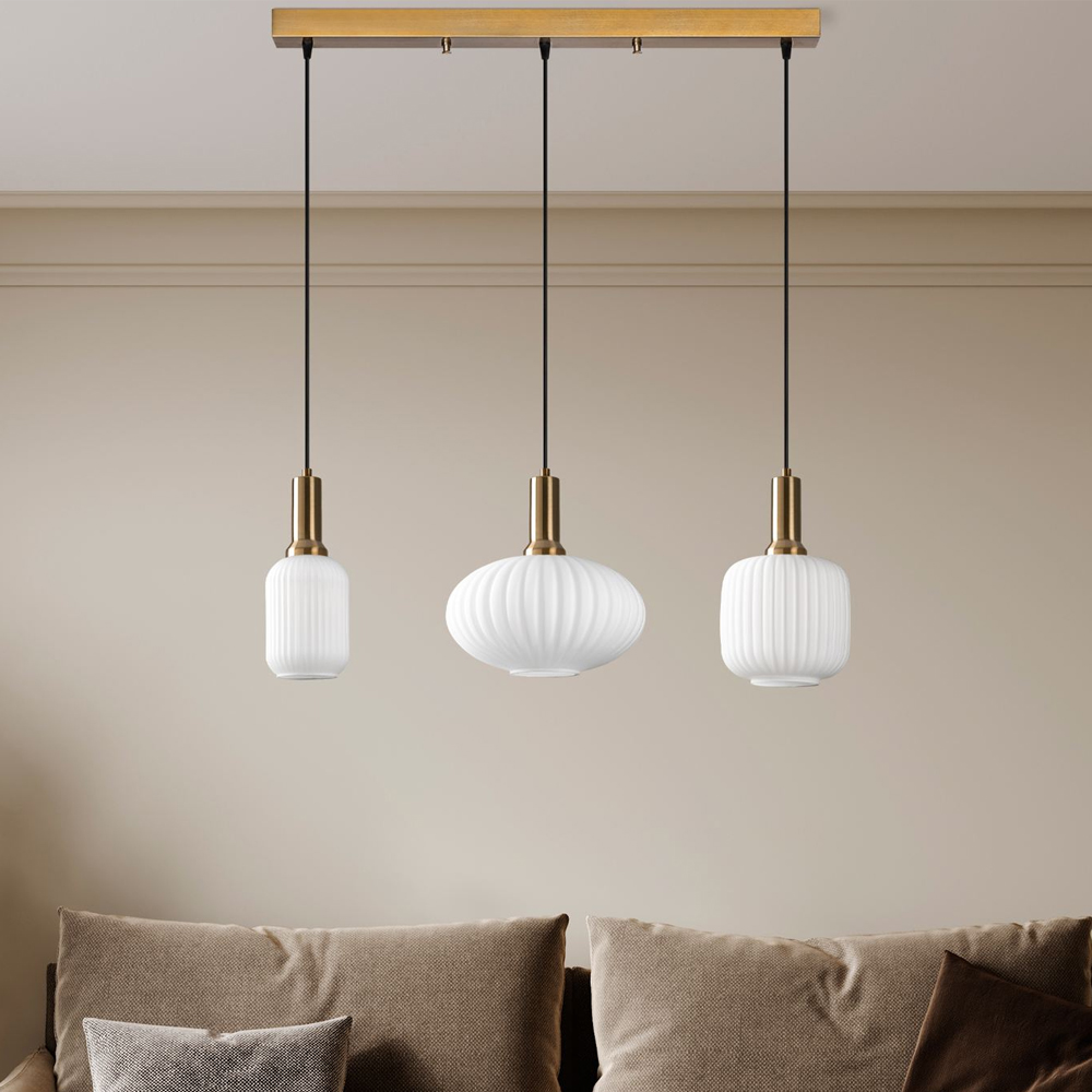 Asker 3 Light Metal Ribbed Glass Pendant Light in Gold and White